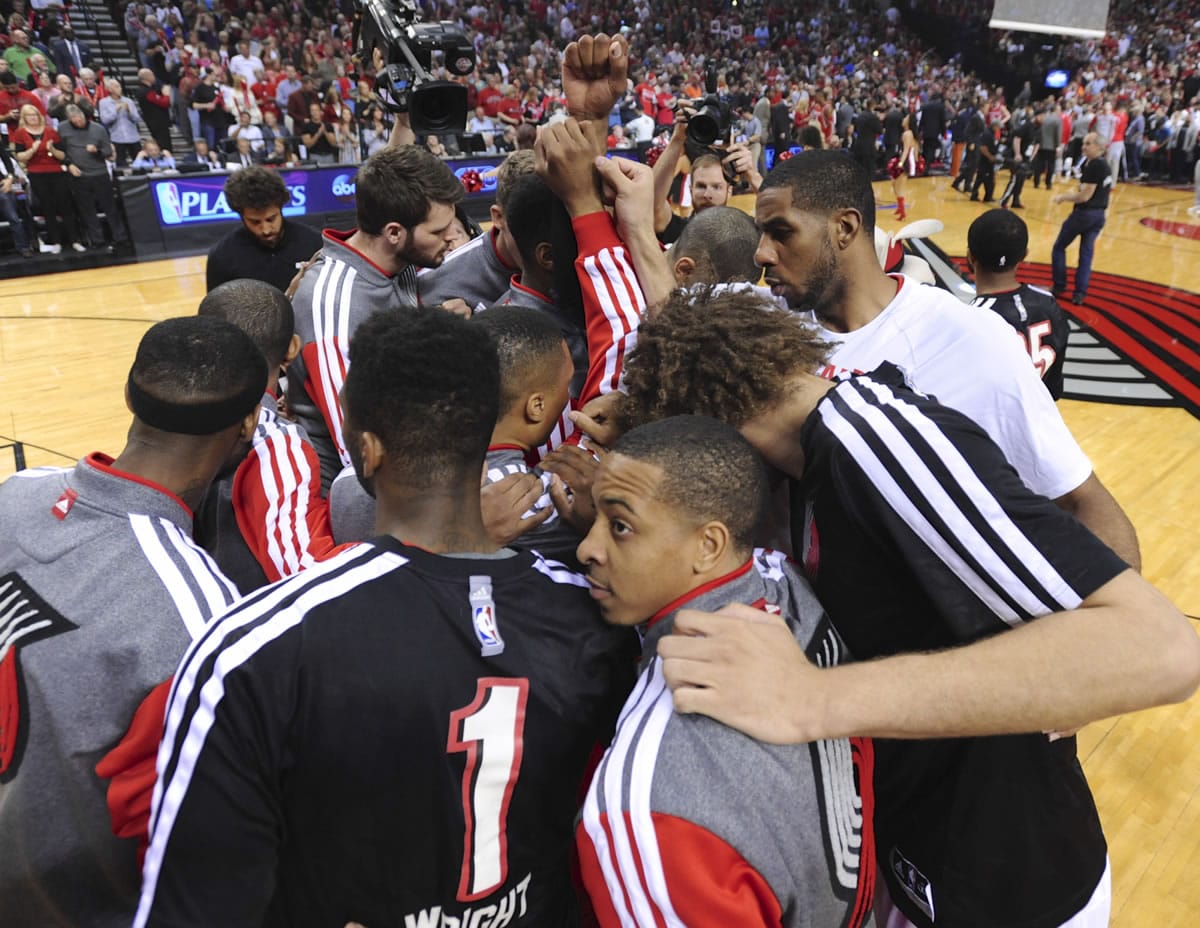 Portland Trail Blazers' gather together prior to the start against the Houston Rockets' in game six.
