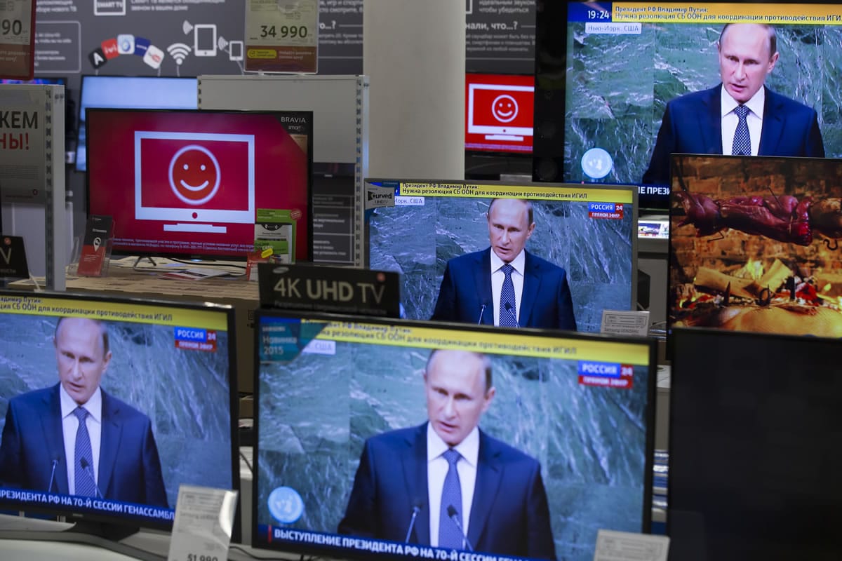Television screens at an electronics shop show Russian President President Vladimir Putin as he addresses the 70th session of the United Nations General Assembly, Moscow, Russia, on Monday.