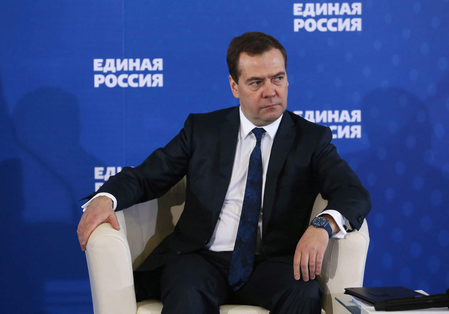 Russian Prime Minister Dmitry Medvedev  listens during a meeting with senior ruling United Russia Party officials in Moscow, Russia on Tuesday.