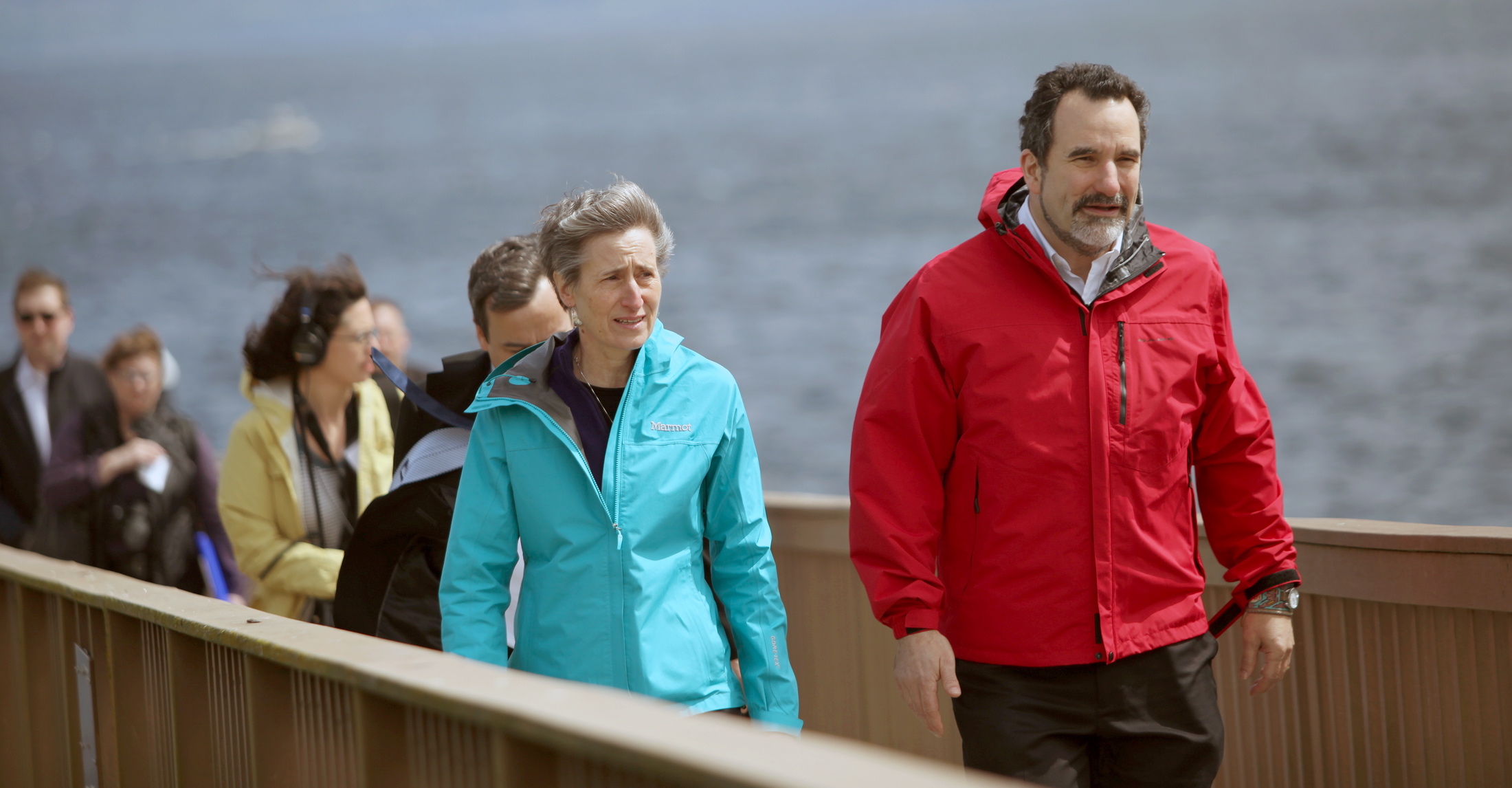 Interior Secretary Sally Jewell walks with Suquamish Tribal Chairman Leonard Forsman Thursday during a visit with nine area tribes in Suquamish.
