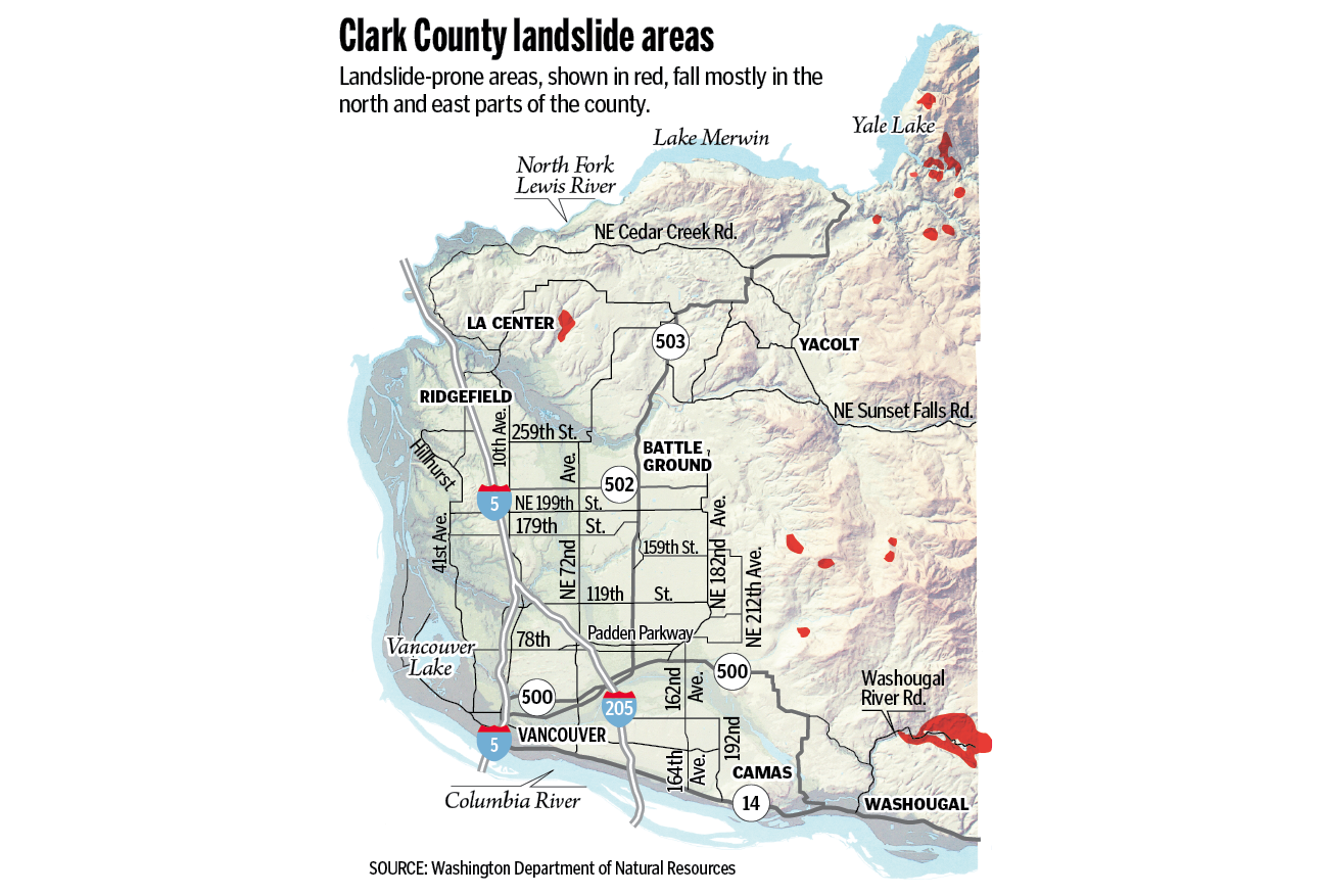 Areas of Clark County with a landslide risk.