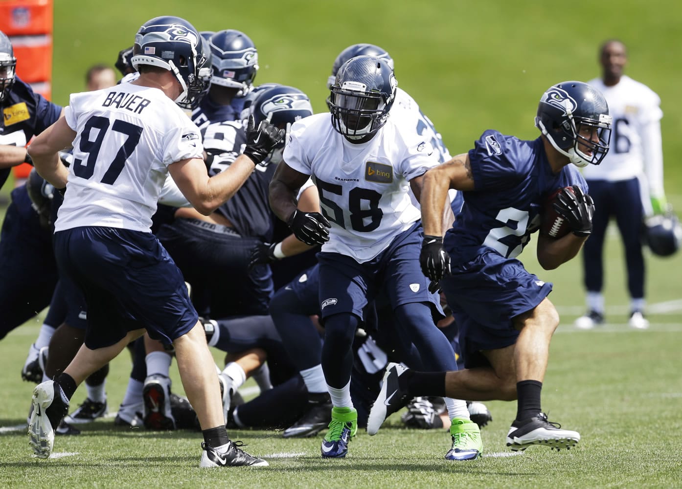 Seattle Seahawks rookie linebacker Kevin Pierre-Louis (58) takes part in a scrimmage Friday.