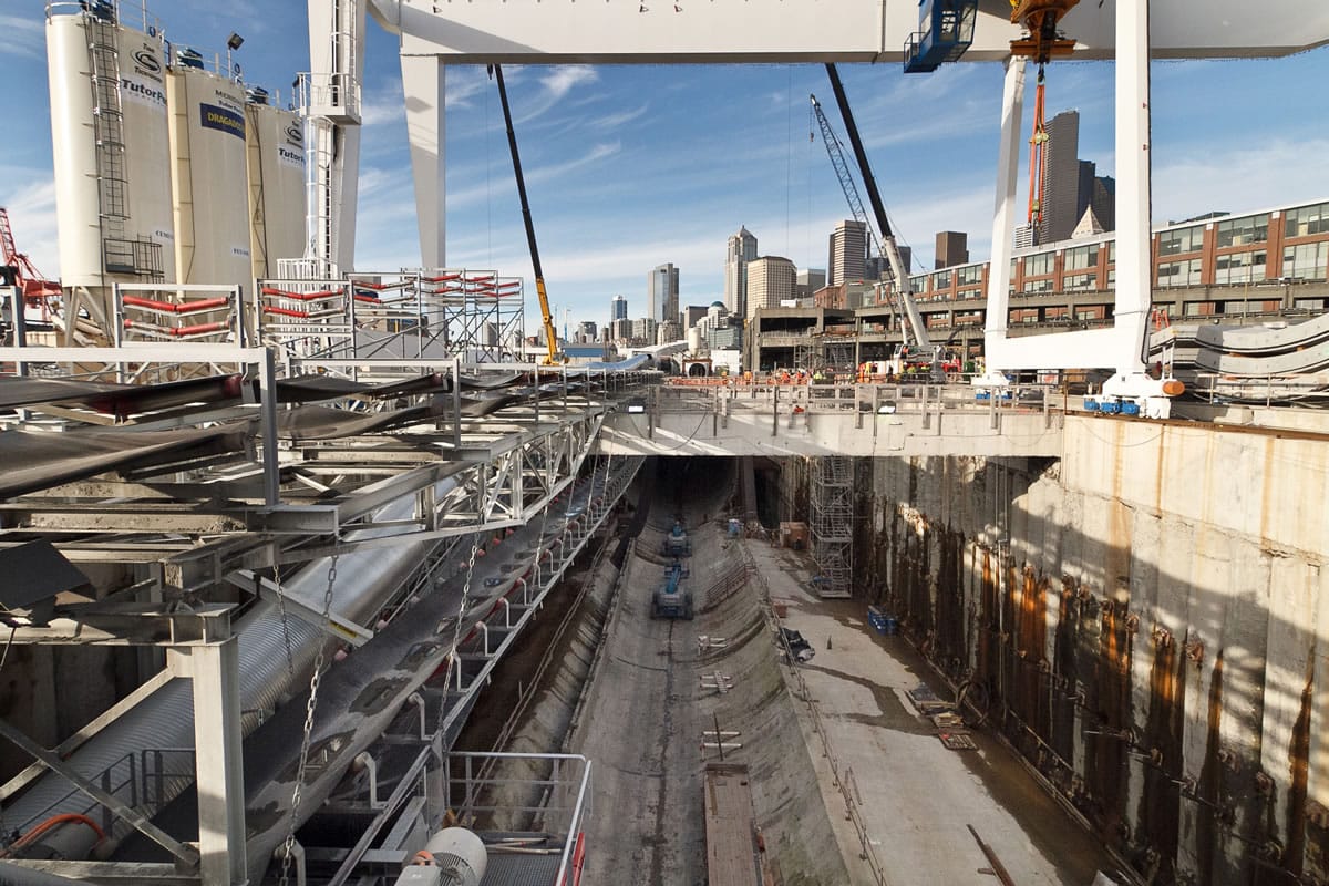 This launch pit was used to start the massive tunneling machine being used to dig a waterfront tunnel to replace the Alaskan Way Viaduct in Seattle.