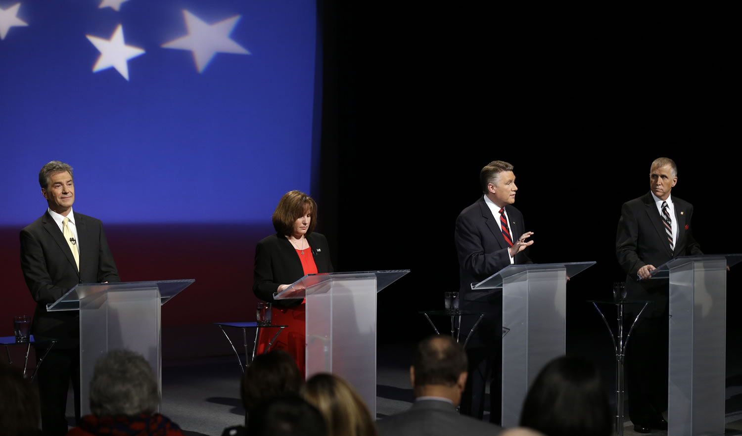 Republican senatorial candidates from left, Greg Brannon,  Heather Grant, Mark Harris and Thom Tillis participate during a televised debate at UNC-TV in Research Triangle Park, N.C., on Monday.