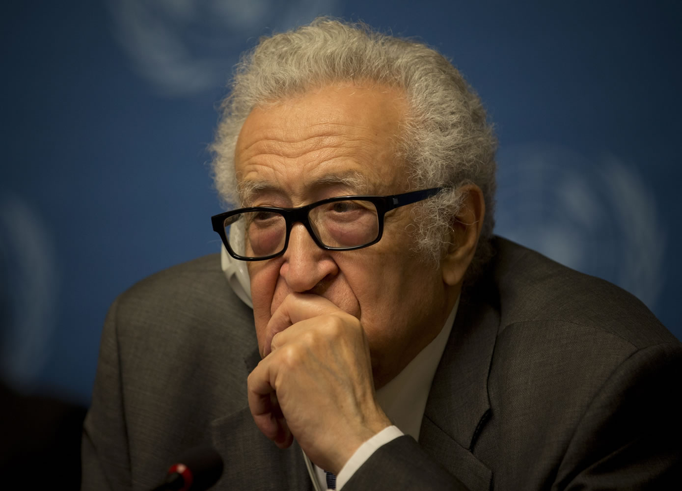 U.N. mediator Lakhdar Brahimi listens during a press briefing at the United Nations headquarters in Geneva, Switzerland, on Sunday.