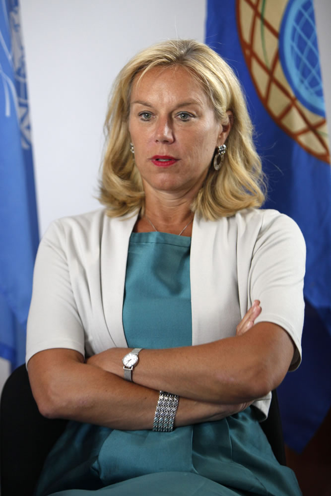 Sigrid Kaag, special coordinator of the Organization for the Prohibition of Chemical Weapons for the U.N. speaks during an interview Monday with Associated Press at a UN compound in the UN buffer zone in capital Nicosia, Cyprus.