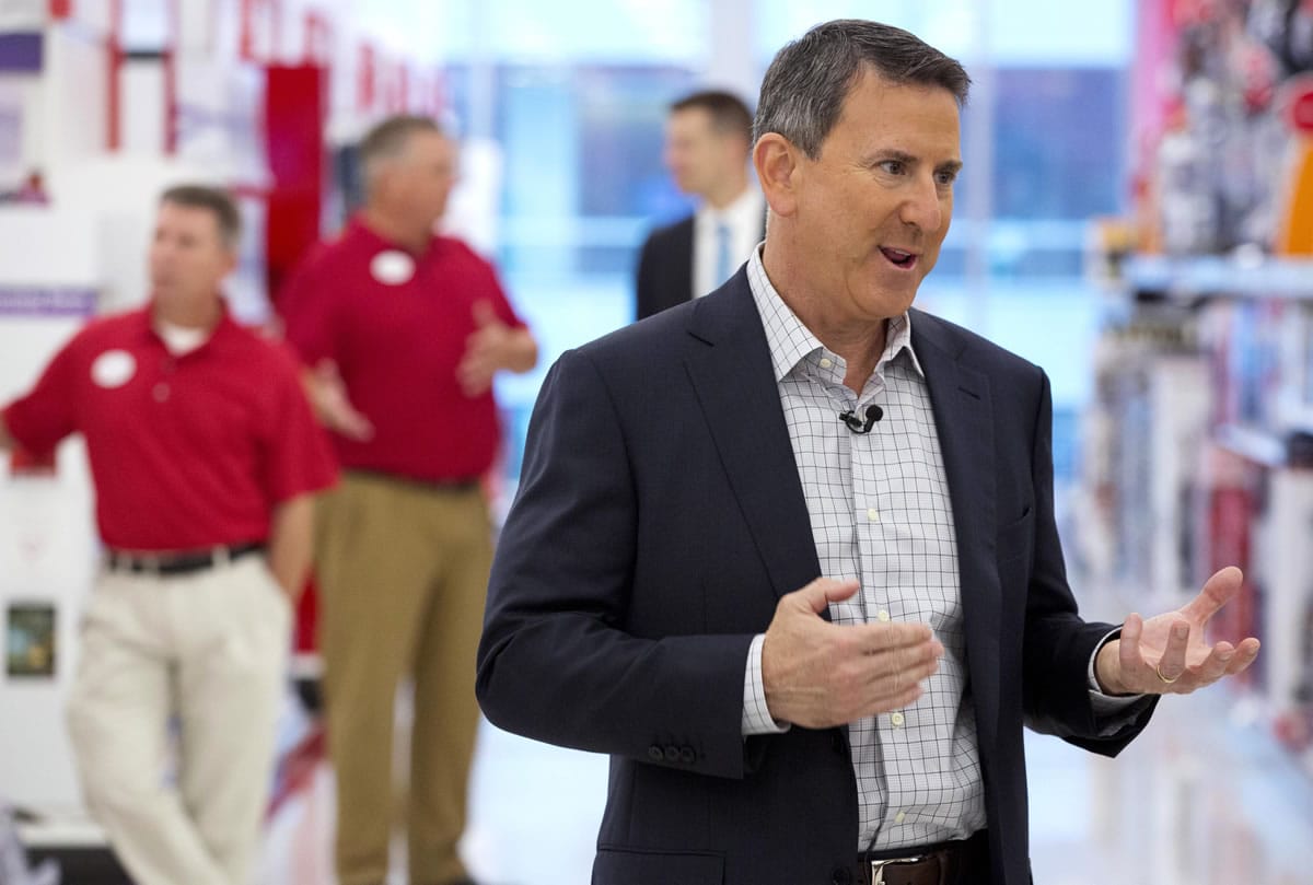 Target CEO Brian Cornell talks with a reporter at the CityTarget store in Boston.