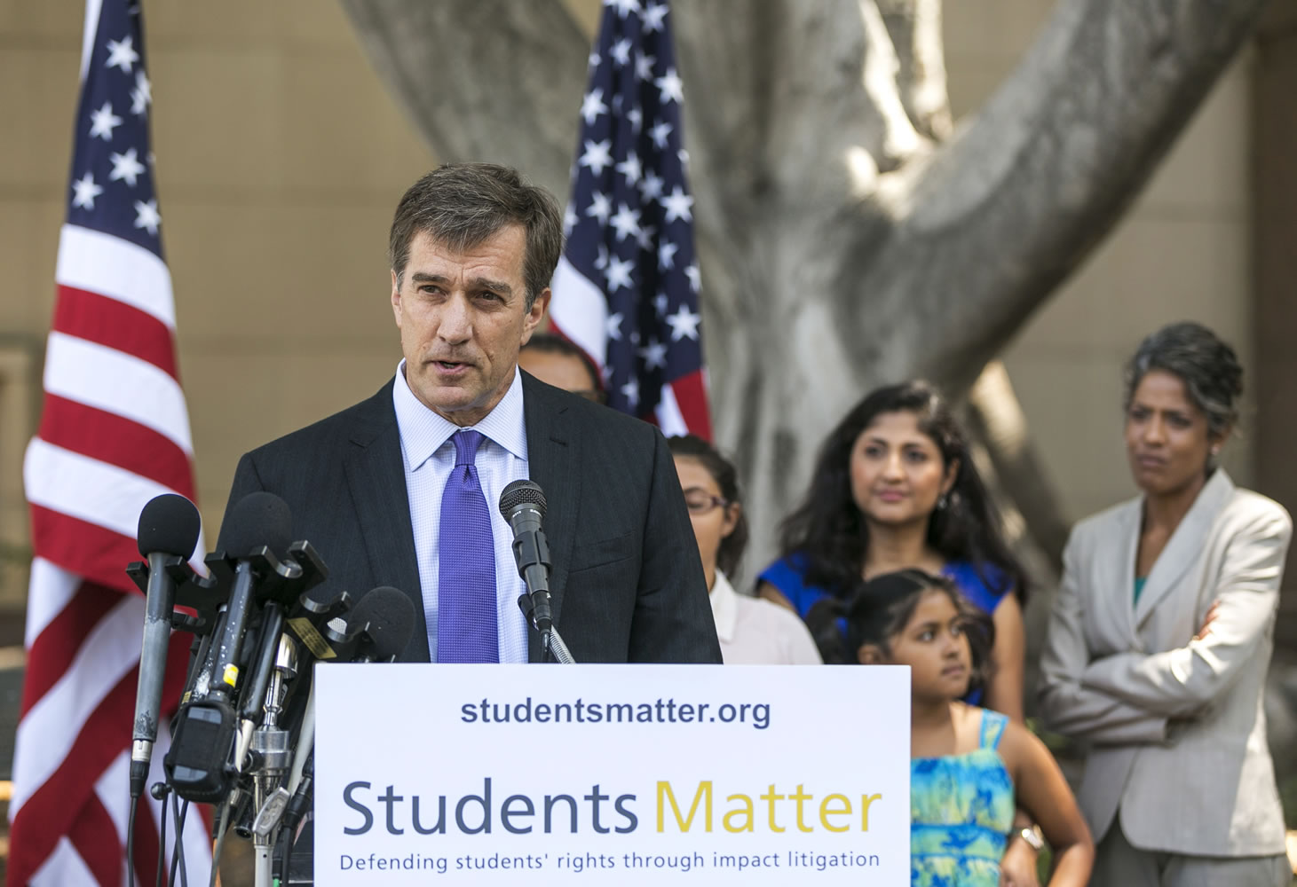 Silicon Valley entrepreneur and founder of Students Matter David Welch makes comments on the Vergara v. California lawsuit verdict in Los Angeles, Tuesday, June 10, 2014. A judge struck down tenure and other job protections for California's public school teachers as unconstitutional Tuesday, saying such laws harm students, especially poor and minority ones, by saddling them with bad teachers. In a landmark decision that could influence the gathering debate over tenure across the country, Los Angeles County Superior Court Judge Rolf Treu cited the historic case of Brown v. Board of Education in ruling that students have a fundamental right to equal education.