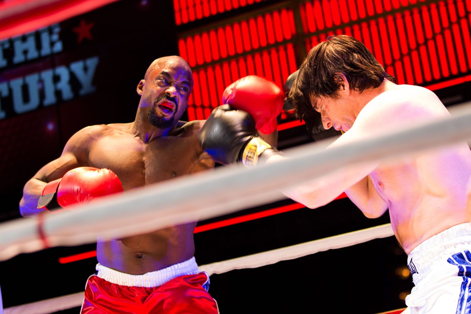 Terence Archie, left, and Andy Karl box in a performance of &quot;Rocky,&quot; a musical based on the iconic film, at the Winter Garden Theatre in New York.
