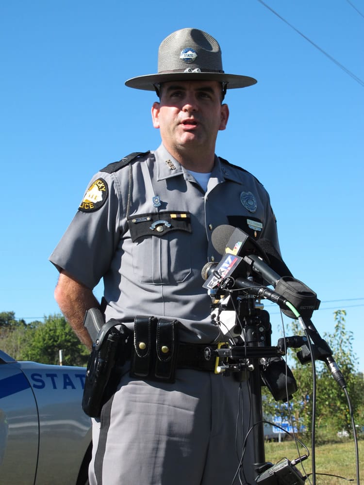 Kentucky State Police Trooper Jay Thomas discusses the death of fellow KSP Trooper Joseph Cameron Ponder on Monday near Eddyville, Ky. Police said Ponder was killed in a shooting during a chase late Sunday night in western Kentucky.