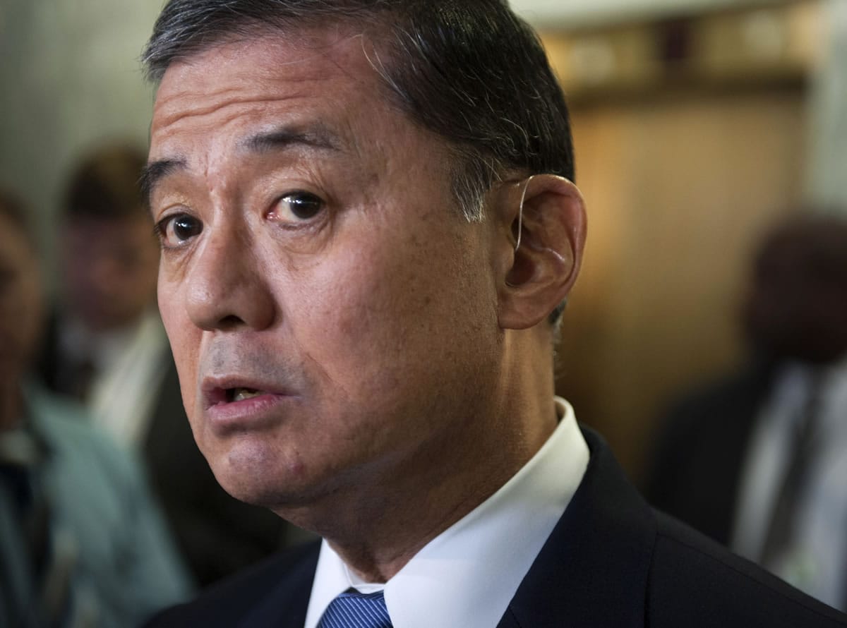 Veterans Affairs Secretary Eric Shinseki speaks with the news media on Capitol Hill in Washington on Thursday after testifying before the Senate Veterans Affairs Committee hearing to examine the state of Veterans Affairs health care.