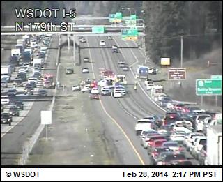 A wrong-way driver caused a crash on Interstate 5 northbound minutes before 2 p.m., according to Washington State Patrol.