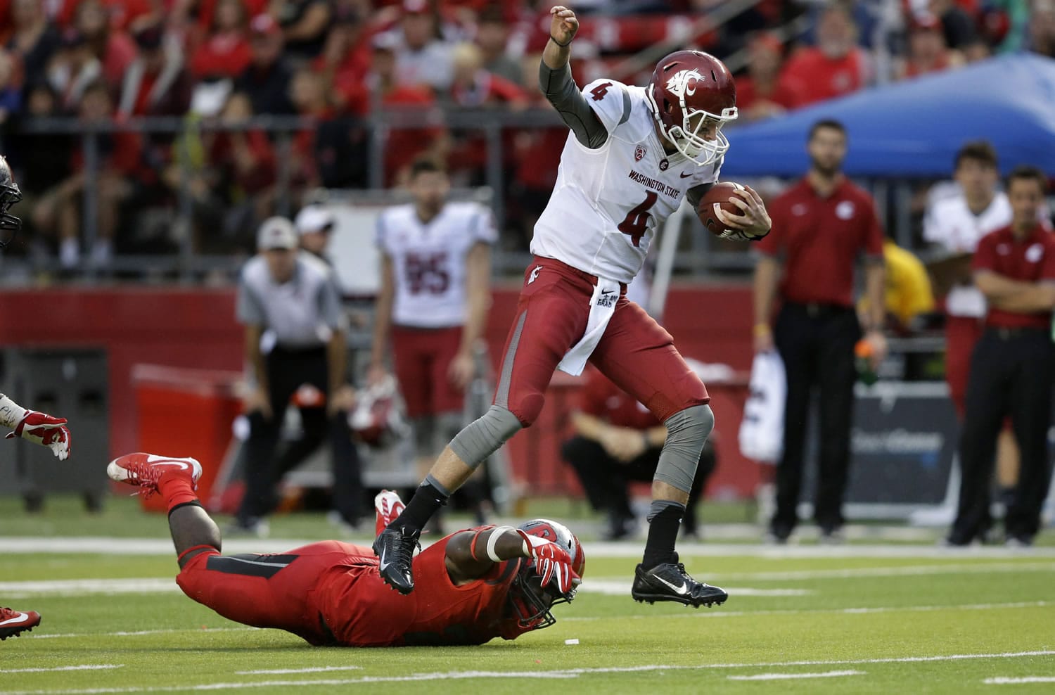 Washington State quarterback Luke Falk (4) evades Rutgers defensive lineman Quanzell Lambert (22) as he runs for yardage late in the second half of an NCAA college football game, Saturday, Sept. 12, 2015, in Piscataway, N.J. Washington State won 37-34.