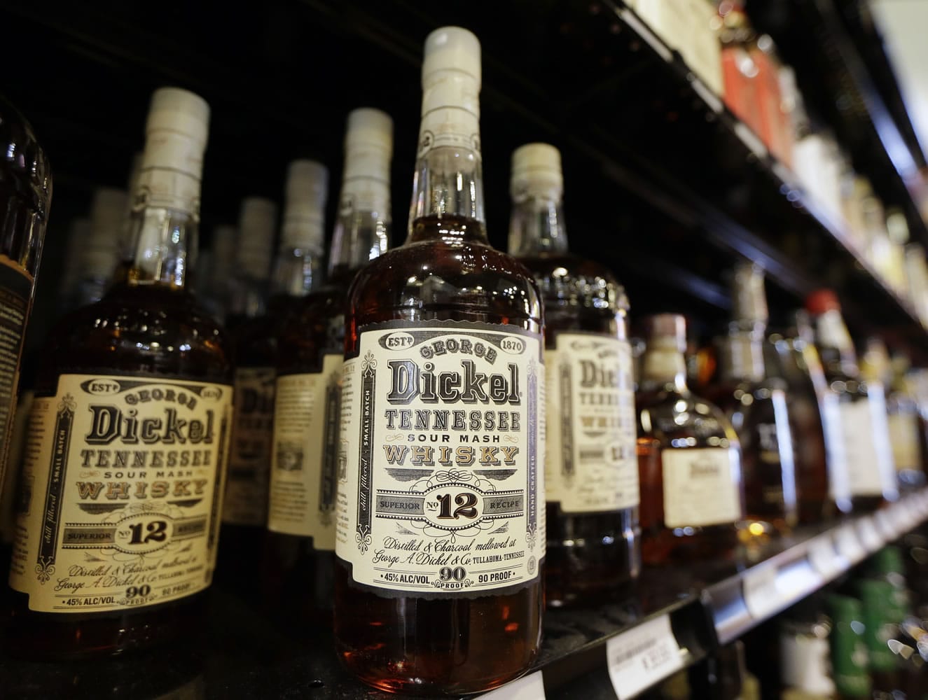 Bottles of George Dickel Tennessee whiskey are displayed in a liquor store Tuesday in Nashville, Tenn.