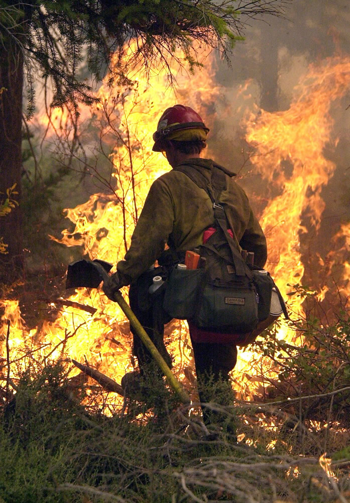 Associated Press files
Rogue River Hot Shot Chris Lyke is silhouetted against flames as he works a burn-out operation on the edge of the Eyerly Complex fire near Sisters, Ore., in July 2002. The state of Oregon has decided to continue buying insurance against the cost of fighting wildfires, even though it comes at a much higher premium and deductible.  Tim Keith of the Oregon Department of Forestry says the state bought the $25 million policy from Lloyd's of London on Wednesday.