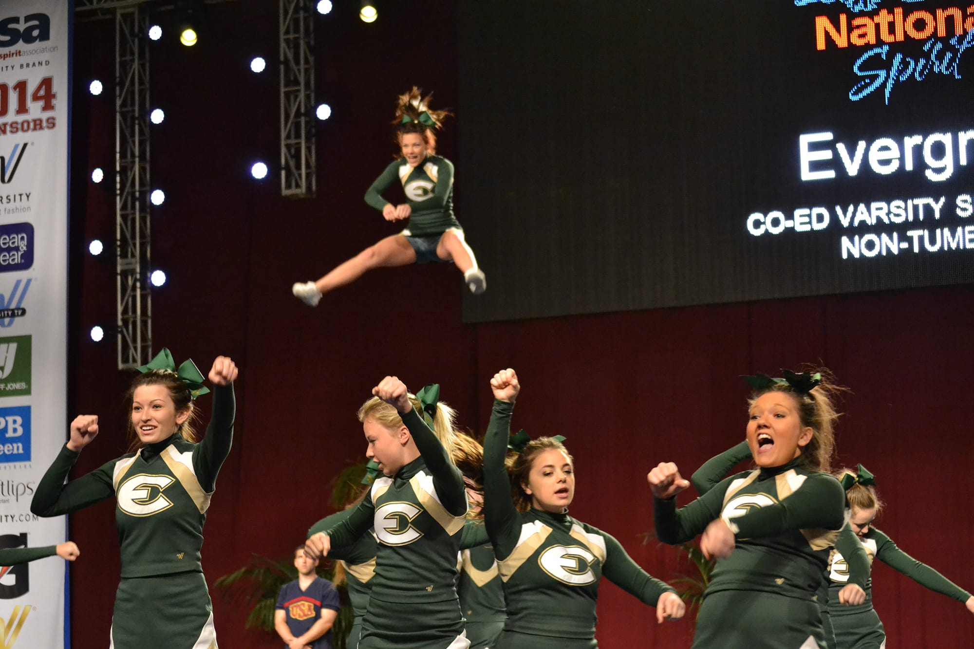 Evergreen High School: Evergreen High School's varsity cheer team members perform in the finals on March 30 at the USA Spirit National Competition in Anaheim, Calif., where they placed second in their division.