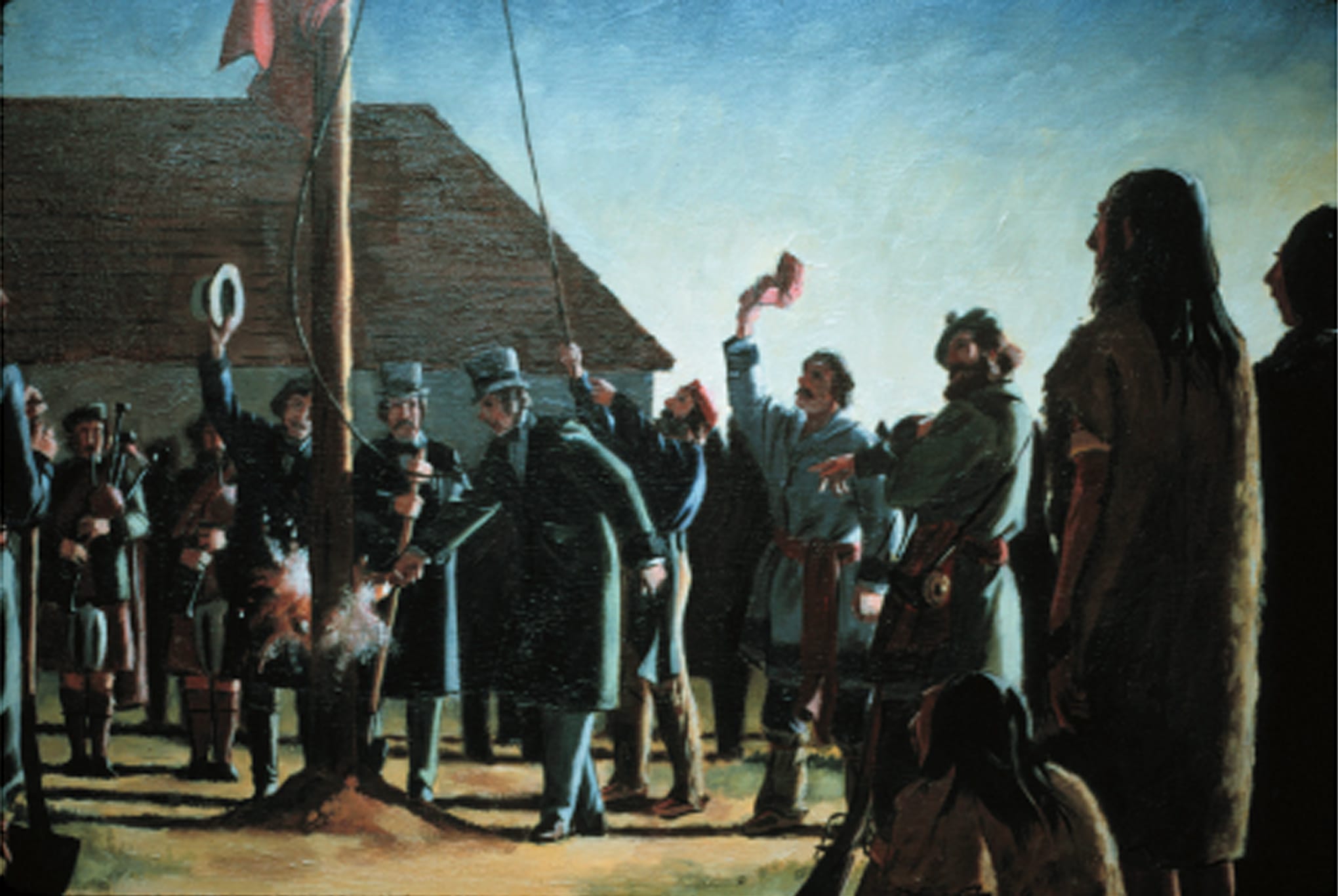 George Simpson, governor of the Hudson's Bay Company in 1825, christens Fort Vancouver to rousing cheers in this reproduction of the scene by an unknown painter.