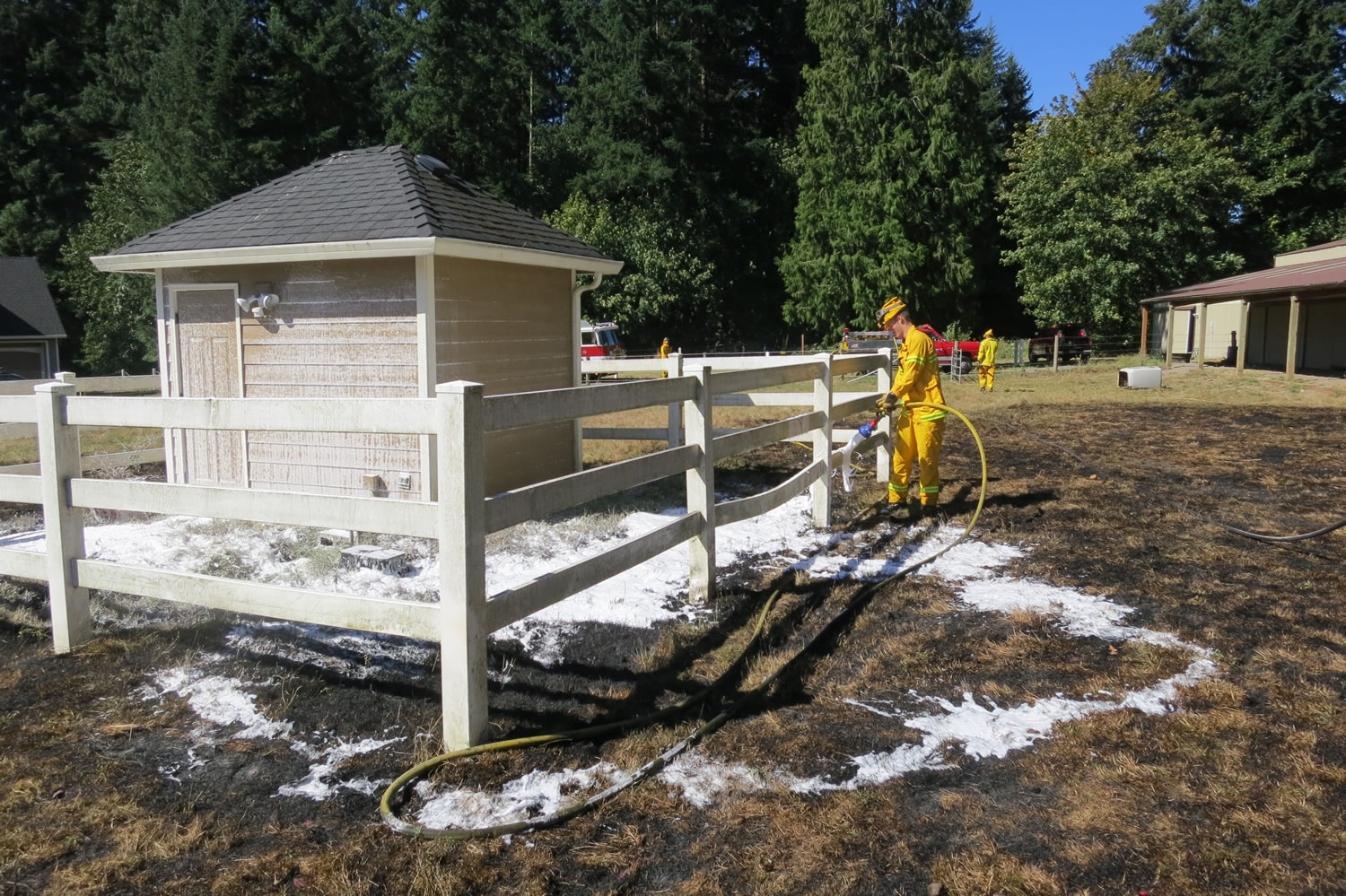 Clark County Fire District 3 quickly put out a grass fire Thursday morning in the area of 127th Circle and 192nd Ave. They reminded residents that a burn ban is in effect through Oct.