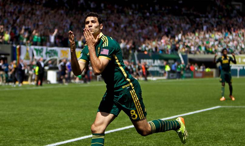 Diego Valeri salutes the Portland Timbers fans after scoring the game-tying goal in the final minute of stoppage time Sunday. The Timbers tied the L.A. Galaxy 1-1.