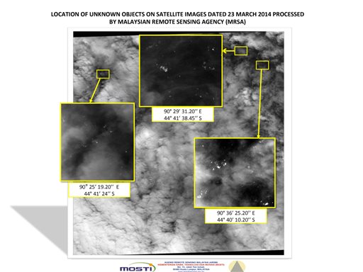 A satellite image, taken on March 23, shows the approximate positions of objects seen floating in the southern Indian Ocean in the search zone for the missing Malaysia Airlines Flight 370.