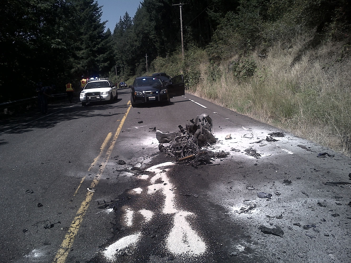 A motorcyclist died in a head-on crash with a tractor trailer on state Highway 14 east of Washougal near Lawton Creek Tuesday morning.