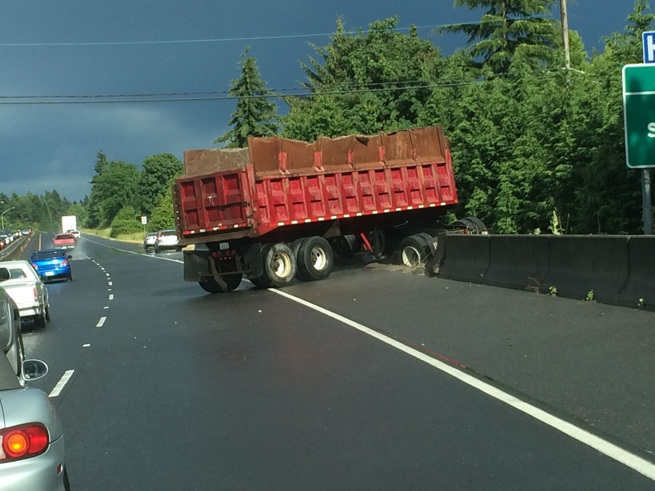 A tractor-trailer crash clogged traffic today for evening commuters in the eastbound lanes of state Highway 14 near Evergreen Boulevard.