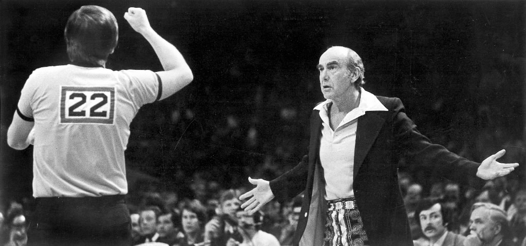 Portland Trail Blazer coach Jack Ramsay questions a call by the ref during championship play in 1977.