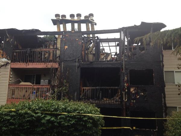 A fire today at the Sunpointe Apartments heavily damaged a building containing 12 apartments.
