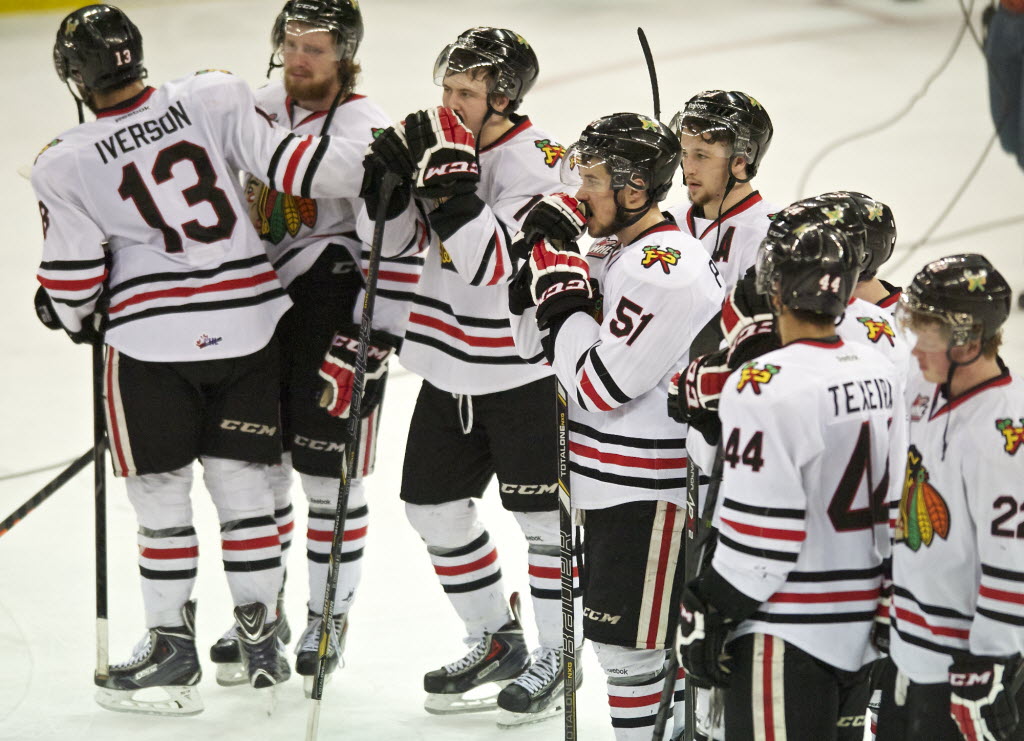 The Portland Winterhawks react to their 4-2 loss to the Edmonton Oil Kings in Game 7 of the WHL finals at the Veterans Memorial Coliseum on Monday.