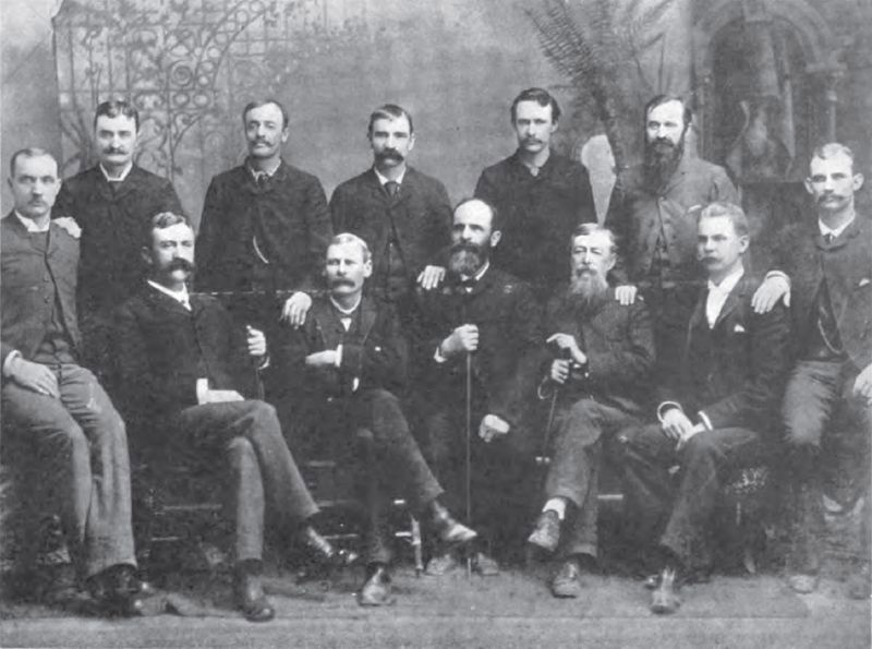 The accused in the 1889 payroll robbery trial and their defense counsel.