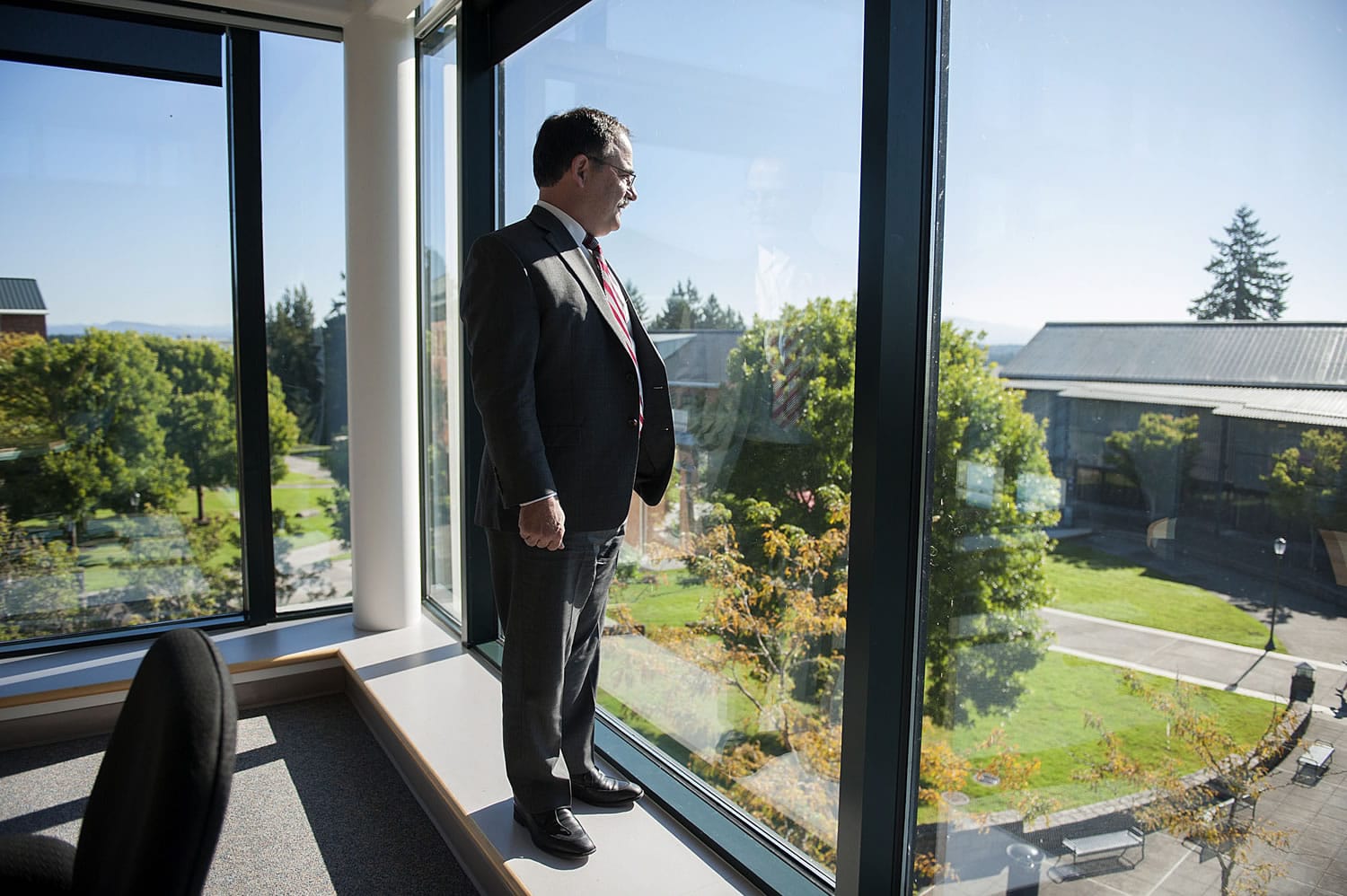 Dan Bernardo, interim president for Washington State University, looks over the WSU Vancouver campus during a September visit. Representatives of the presidential search advisory committee held three forums Monday on the Salmon Creek campus.
