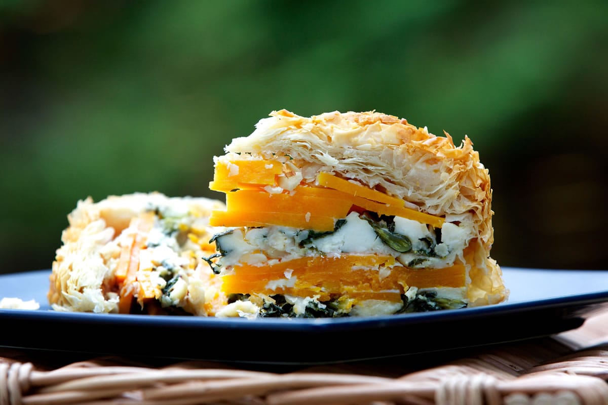 Phyllo Torte With Butternut Squash, Swiss Chard and Feta.