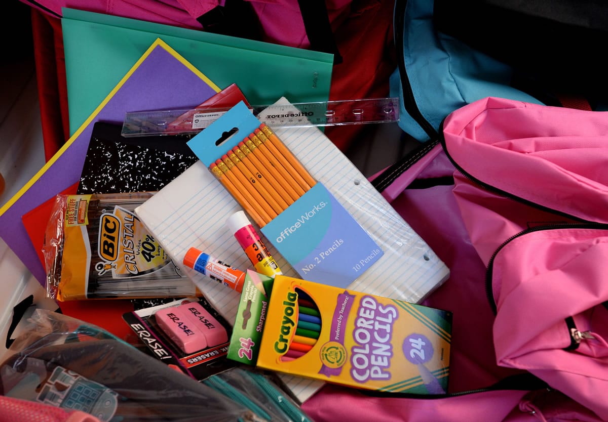 School supplies to be distributed to low-income students at family-community resource centers were collected in August.