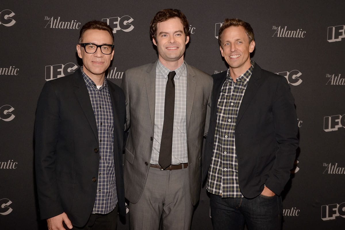 Fred Armisen, from left, Bill Hader and Seth Meyers attend a screening of &quot;Documentary Now&quot; on Aug. 18 in New York City. The series satirizes some of the most famous documentaries ever made.