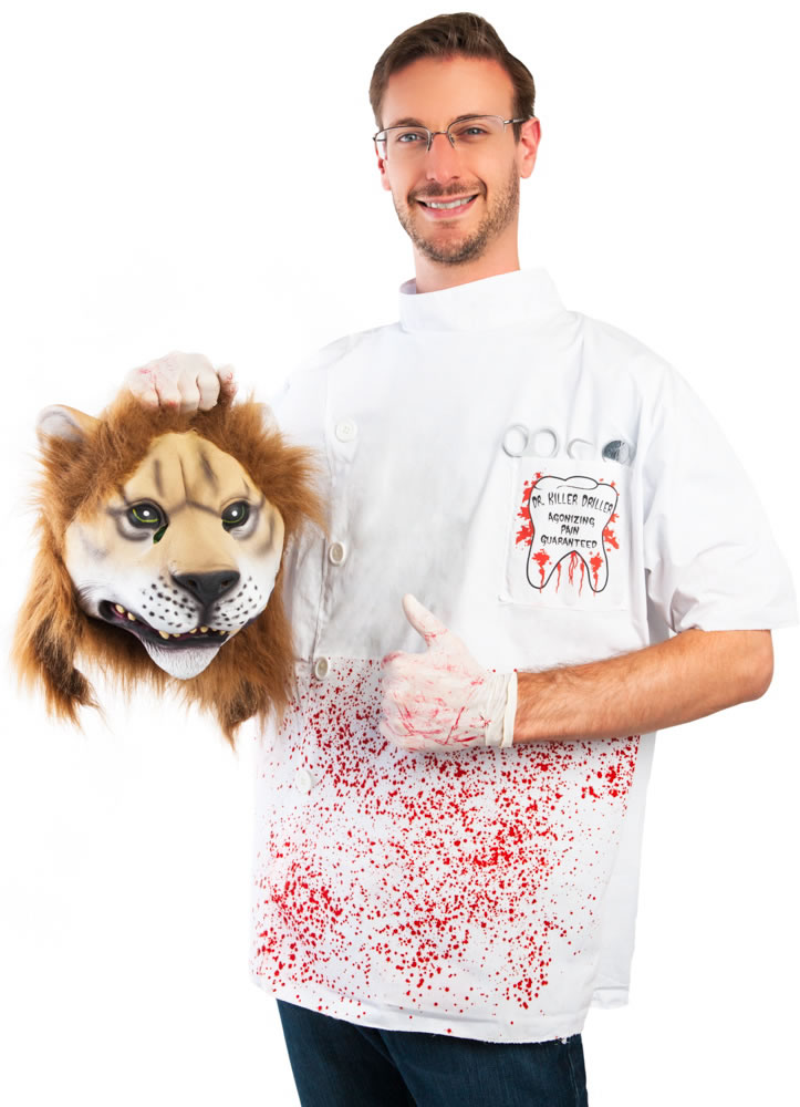 A Halloween costume by Costumeish shows a man holding a fake lion head while dressed as a dentist, a costume referring to the Minnesota dentist who killed Cecil the lion. Wal-Mart&#039; trust and safety compliance team decided not offer the costume in stores or online.