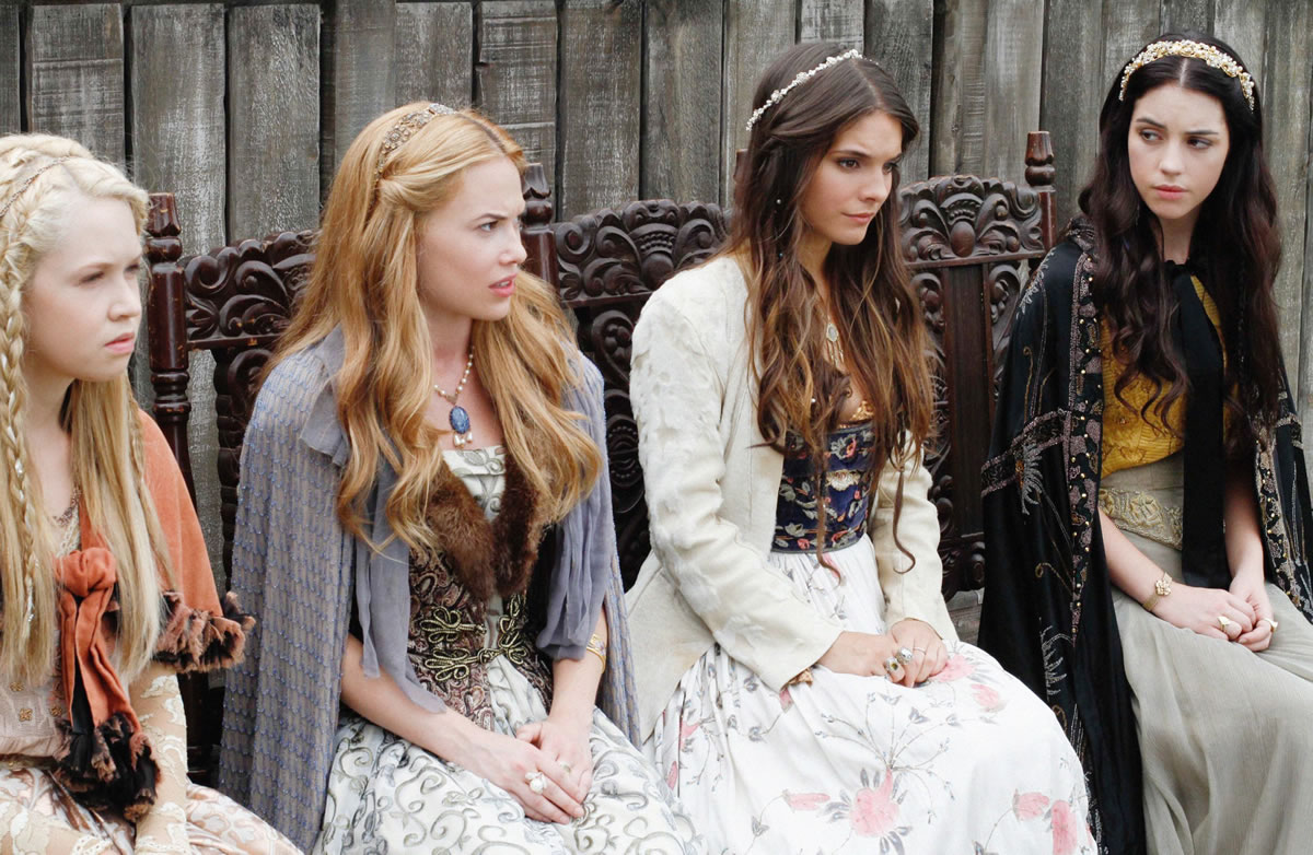 Jenessa Grant as Aylee, from left, Celina Sinden as Greer, Caitlin Stasey as Kenna and Adelaide Kane as Mary, Queen of Scots, in a scene from The CW&#039;s &quot;Reign.&quot; (Marni Grossman/Courtesy The CW)