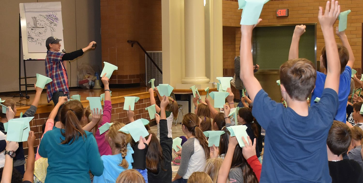Lake Shore: Author and illustrator Tom Angleberger showed students at Lake Shore Elementary School how to make their own origami Yoda dolls, and talked to them about his work as a writer.