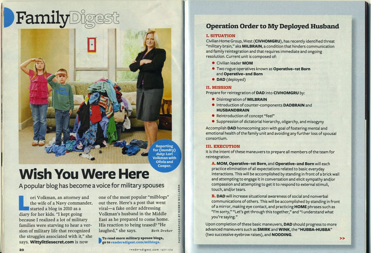 Ridgefield Navy wife Lori Volkman appeared in the December 2011/January 2012 issue of Reader's Digest with her kids, Olivia and Cooper, and two weeks' accumulated unfolded laundry.