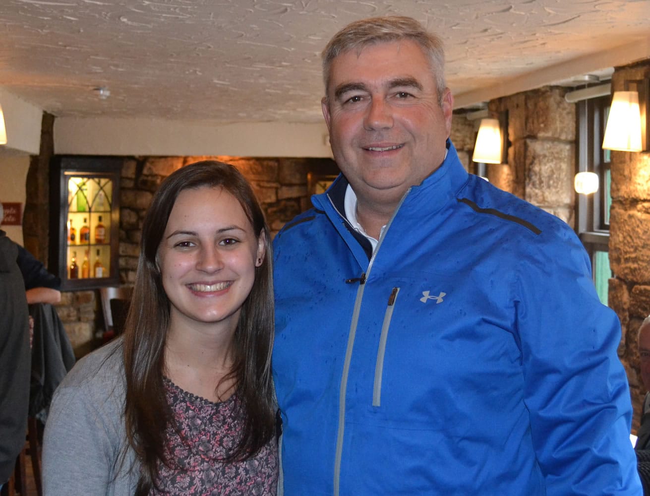 Scholarship recipient Megan Waugh, left, meets with Bob Knight, president of Clark College, in Scotland.