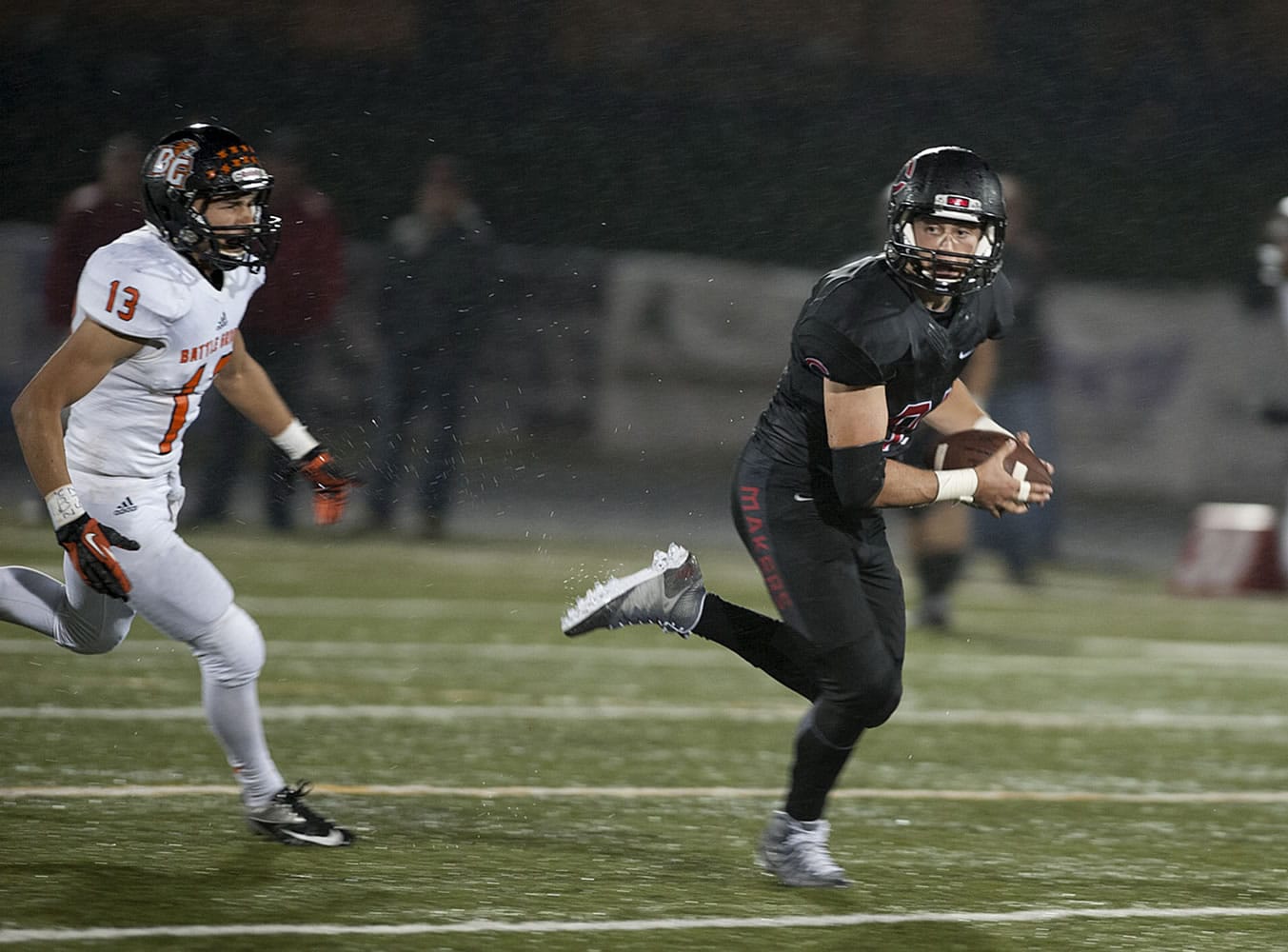 Camas receiver Hunter Bruno, right, breaks free of Battle Ground’s Tommy Renfroe (13) for some of his 132 yards on six catches.