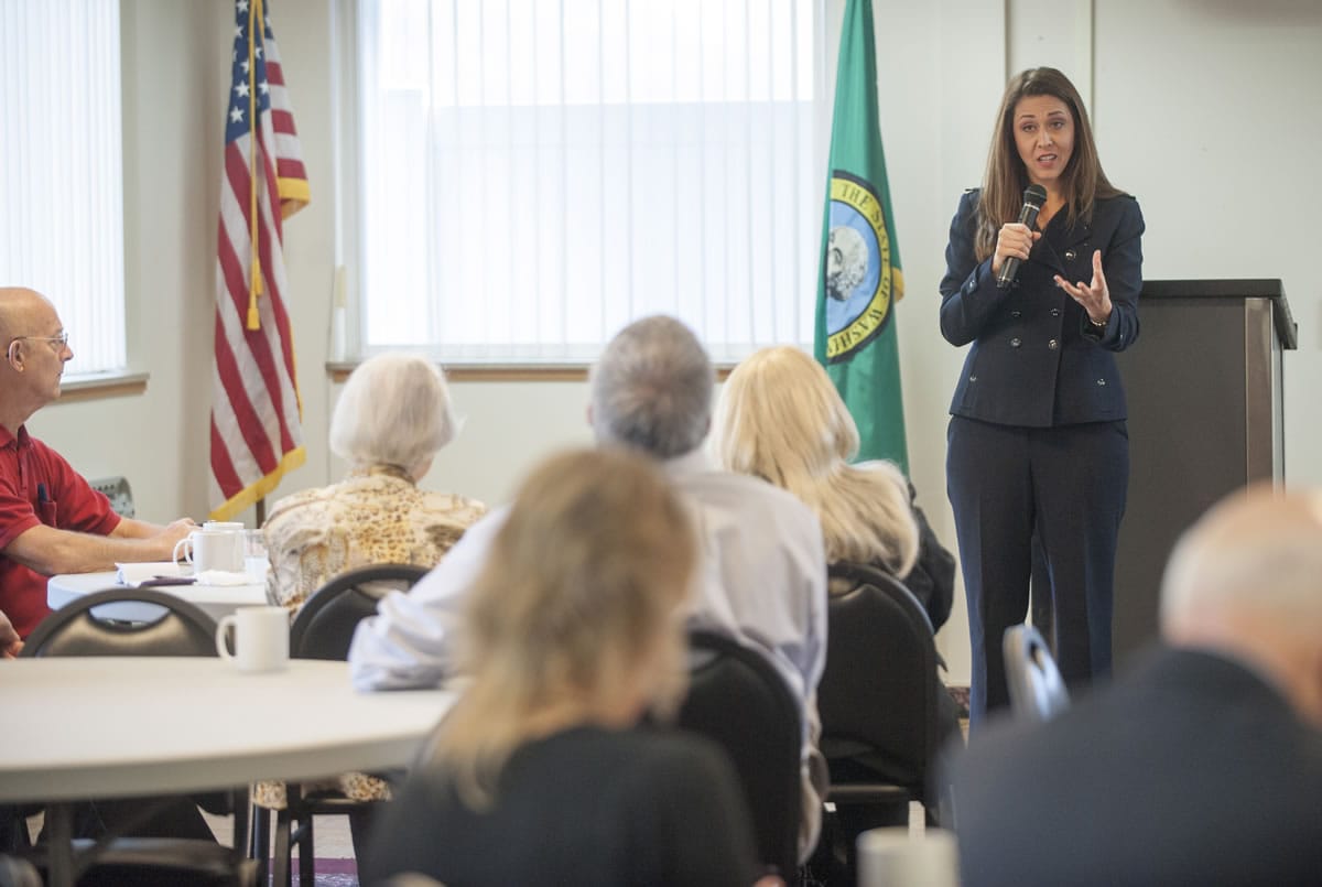 U.S. Rep. Jaime Herrera Beutler, R-Camas, speaks at a community coffee, with constituents her office invited to attend, in Vancouver on Wednesday.