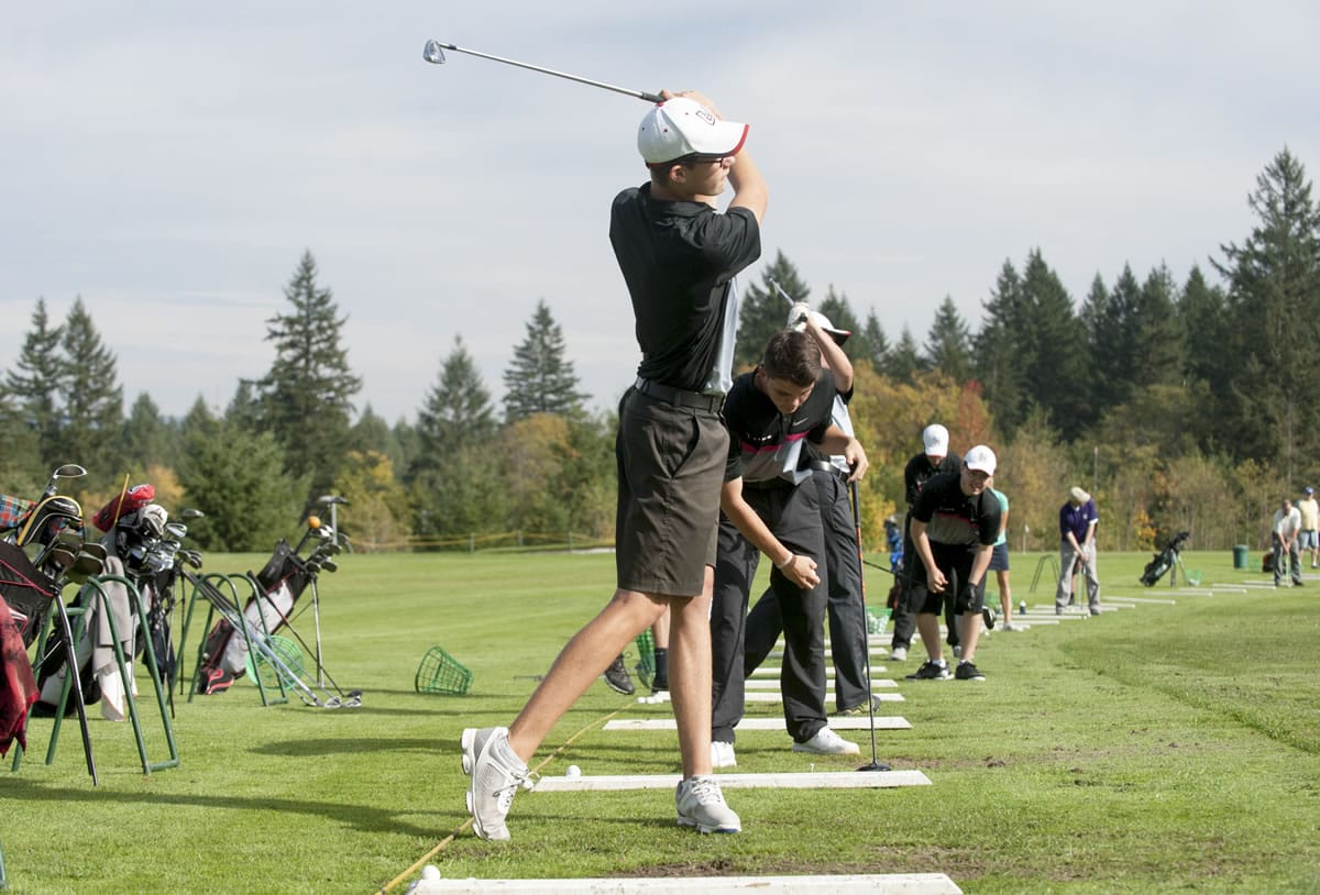Union golfer Ben Gruher swings a golf club at Camas Meadows Golf Course Thursday October 8, 2015.