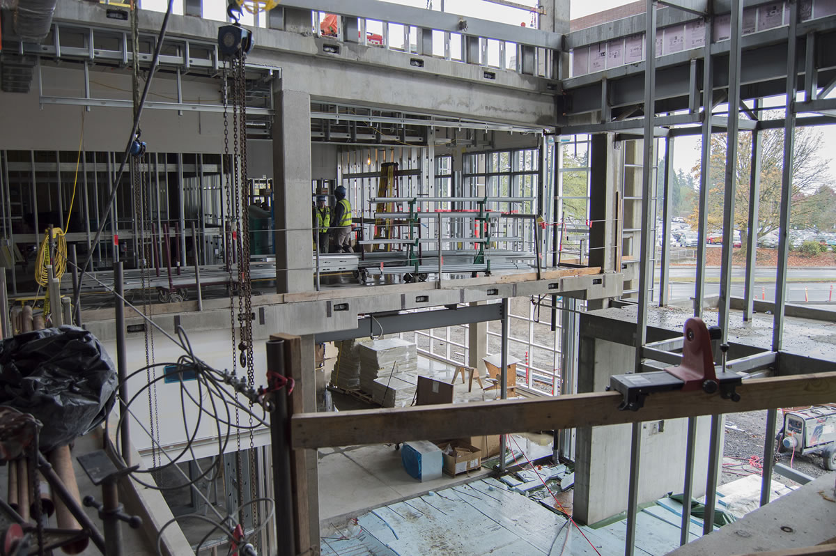 The open atrium of Clark College&#039;s new STEM Building will be glass-paneled, like much of the rest of the $39 million building set to open to students in fall 2016.