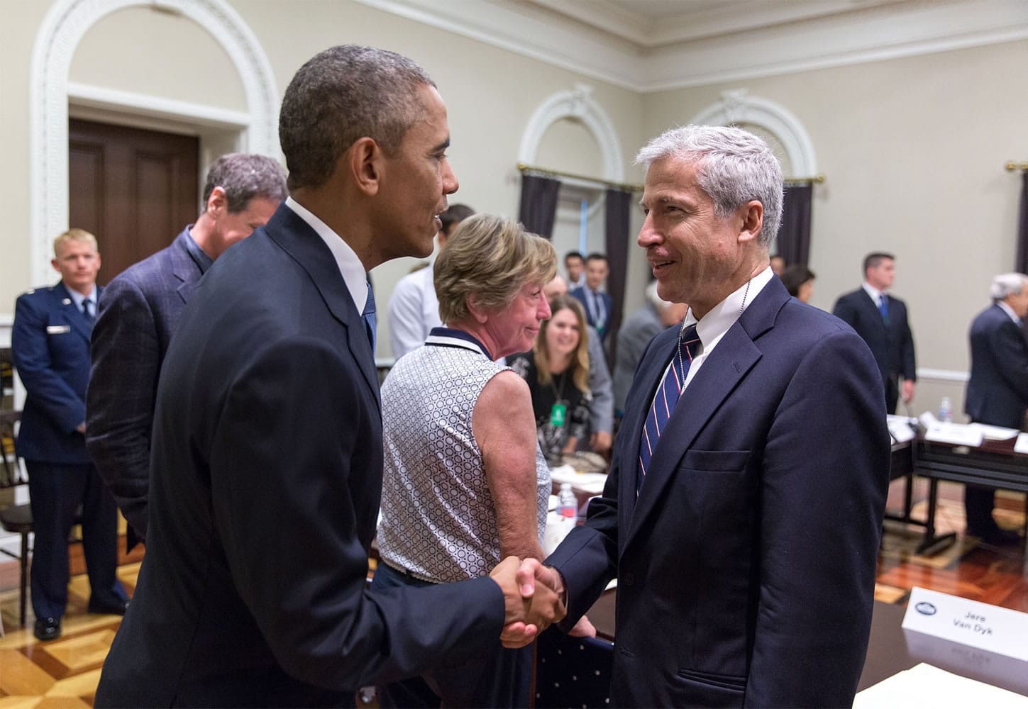 President Barack Obama greets Jere Van Dyk in June at a White House conference on hostage policy.