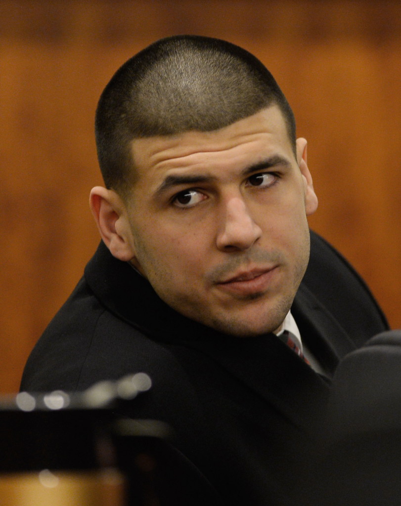Former New England Patriots football player Aaron Hernandez attends a pretrial hearing in a murder case against him.