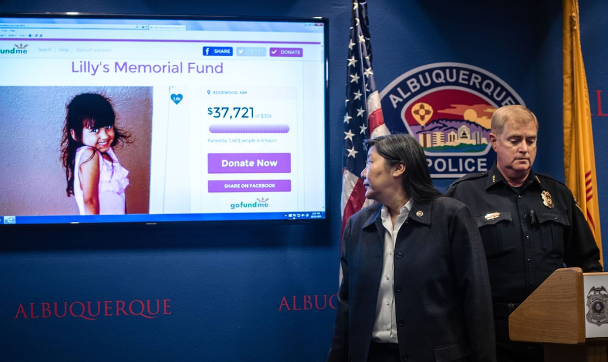 FBI special agent in charge Carol  Lee, left, and Albuquerque Police Department Chief Gorden Eden address the media Wednesday in Albuquerque, N.M., about the shooting death of 4-year-old Lilly Garcia in a road-rage incident. (ROBERTO E.