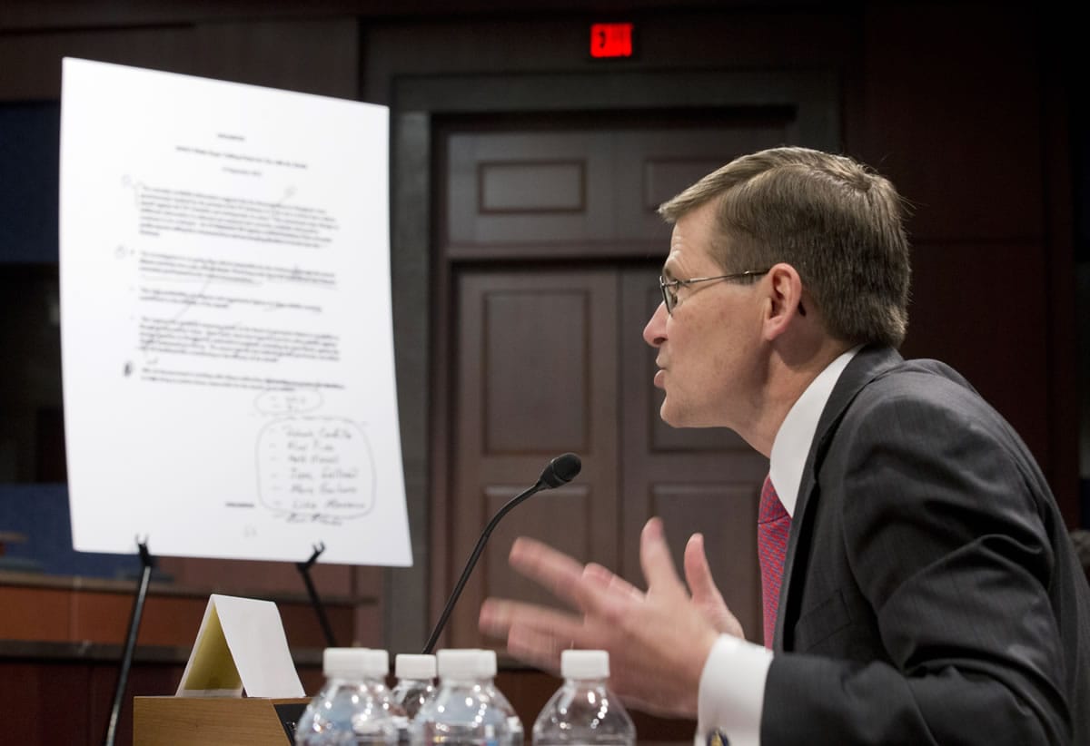 An unclassified talking points document is shown as former CIA Deputy Director Michael Morrell testifies on Capitol Hill in Washington on Wednesday before the House Intelligence Committee.