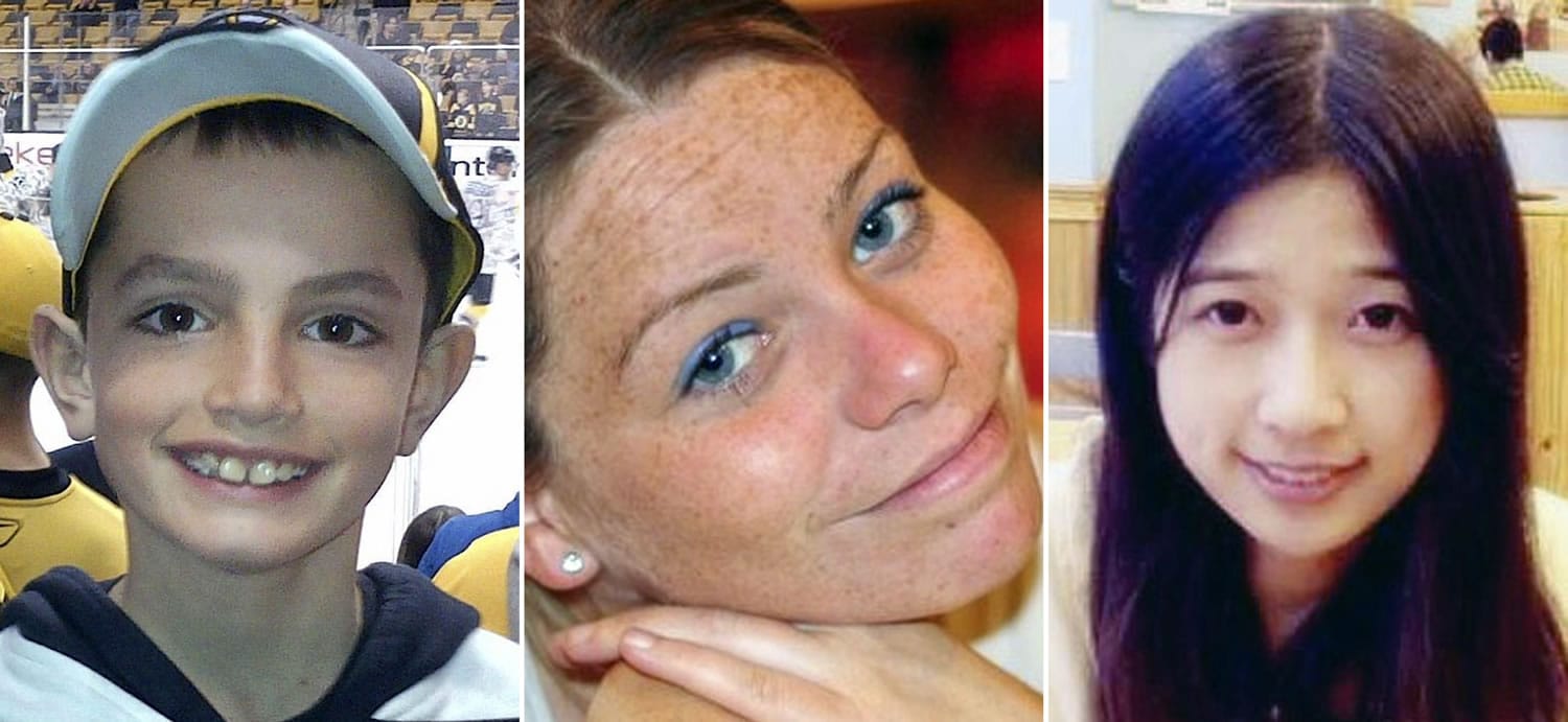 FILE - This combination of undated family photos shows, from left, Martin Richard, 8, Krystle Campbell, 29, and Lu Lingzi, a Boston University graduate student from China, all who were killed in the bombings near the finish line of the Boston Marathon on April 15, 2013, in Boston. Jury selection for the trial of bombing suspect Dzhokhar Tsarnaev is scheduled to begin Monday, Jan. 5, 2015, in federal court in Boston.