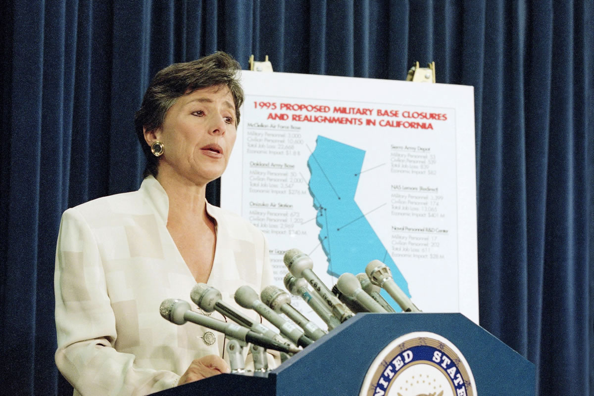en. Barbara Boxer, D-Calif. speaks to reporters on Capitol Hill in July 1995 in Washington to discuss President Clinton's decision to approve the Defense base Closure and Realignment Commission base closure recommendations.