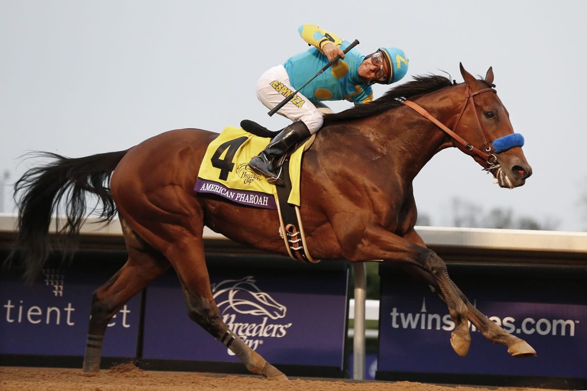 American Pharoah, with Victor Espinoza up, wins the Breeders&#039; Cup Classic horse race at Keeneland race track Saturday, Oct. 31, 2015, in Lexington, Ky.